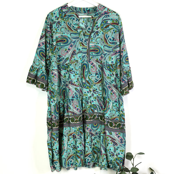 Paisley print 70% silk dress with elasticated under bust (M)