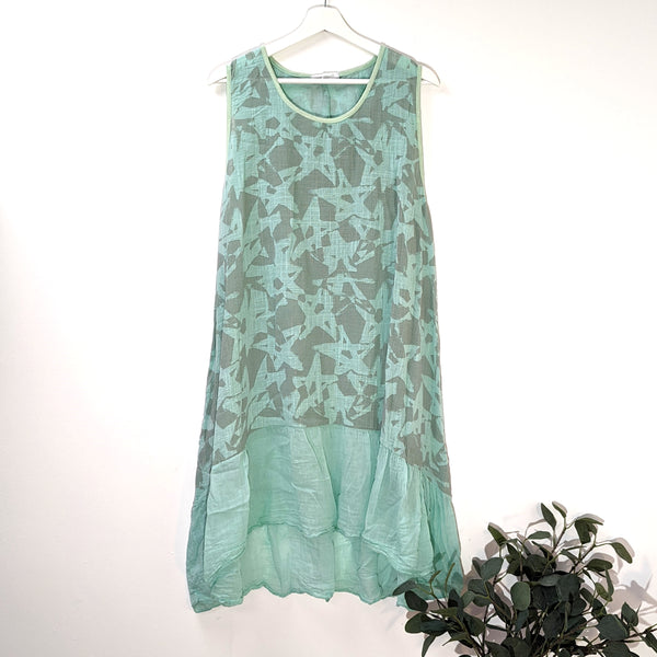 Slight hi-lo Summer dress with frilled hem and subtle star print (M-L)