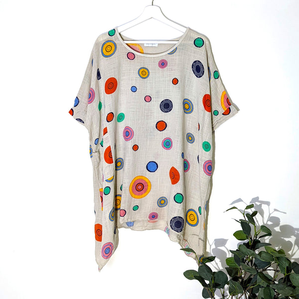 Free size cotton top with round 'Desigual' style colourful disc print (L)
