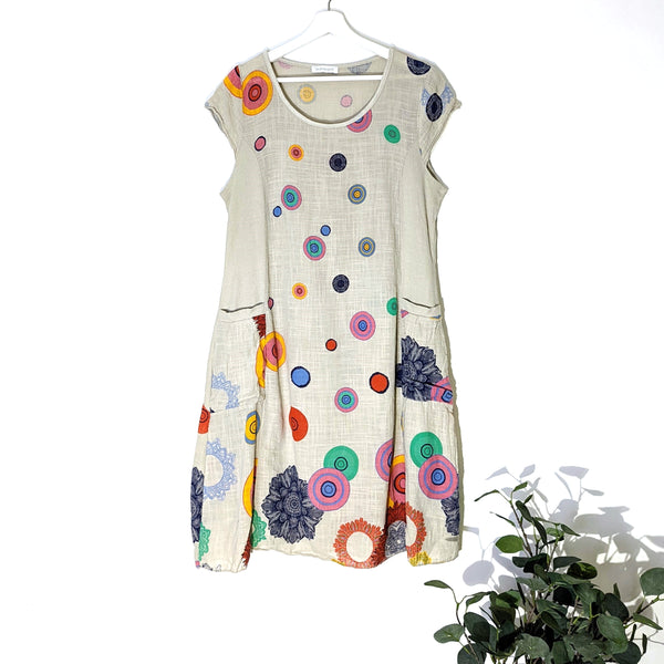 'Desigual' style colourful dress with stretchy side panels and pockets (M-L)
