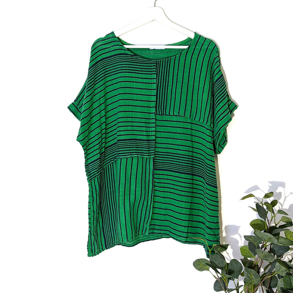 Horizontal and vertical striped boxy cotton top (M-L)