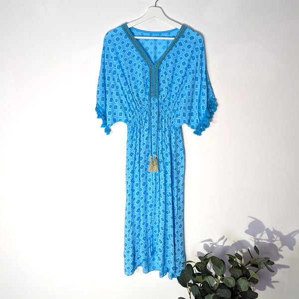 Cotton summer dress with gold embroidery neckline and tassel trim sleeves and elasticated waist (S-M)