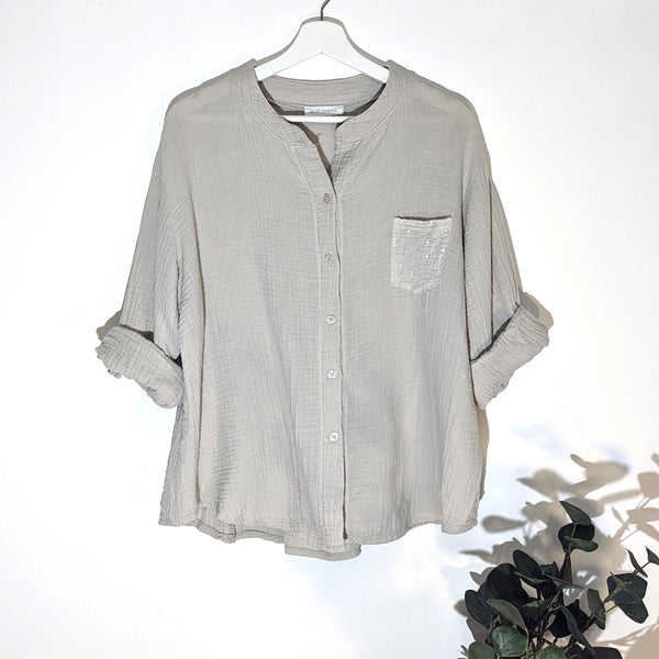 Cotton shirt with subtle sequin pocket detail