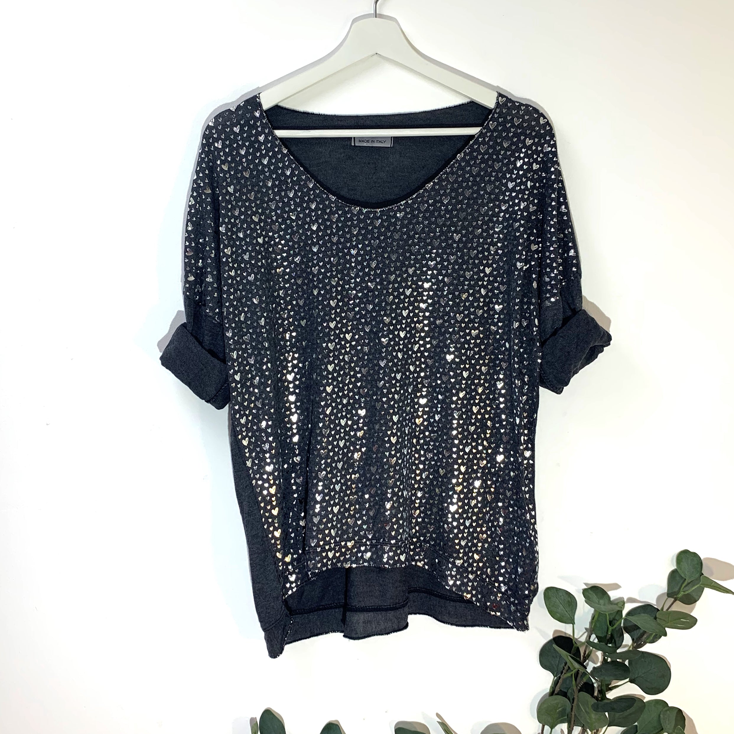 Metallic silver hot print heart pattern long sleeve top – Tempest Designs