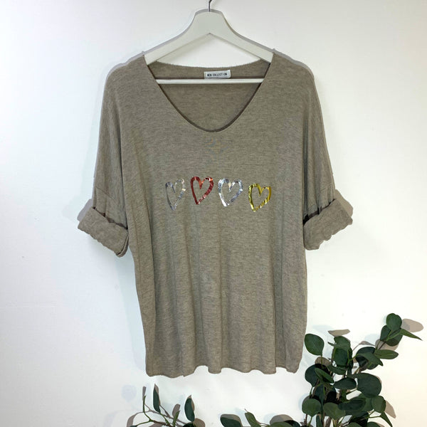 Soft touch V-neck top with multi-metallic heart hot print