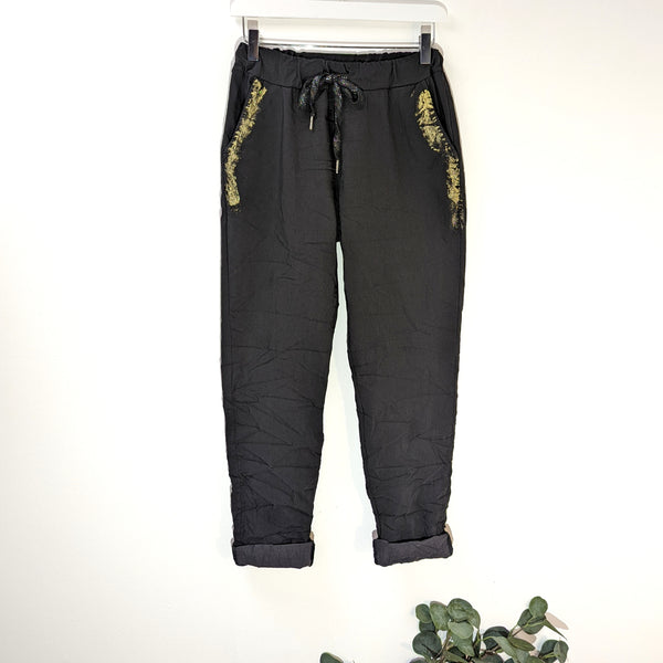 Super stretch trousers with gold brush stroke detail on pockets (M-L)