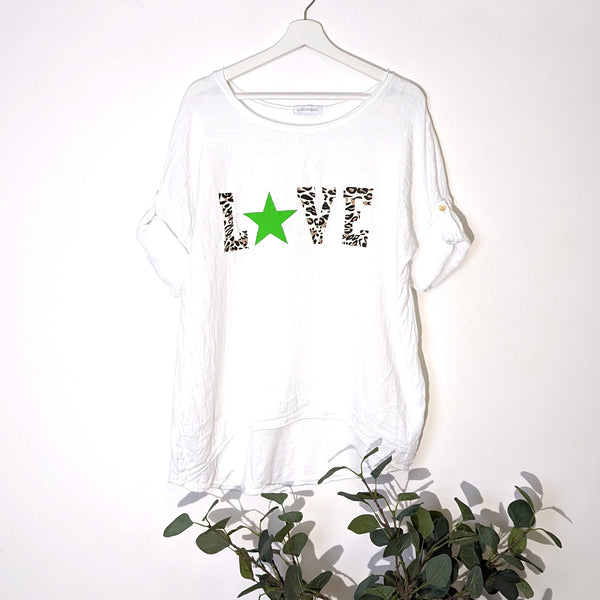 Linen front jersey back top with animal print and LOVE motif (M-L)