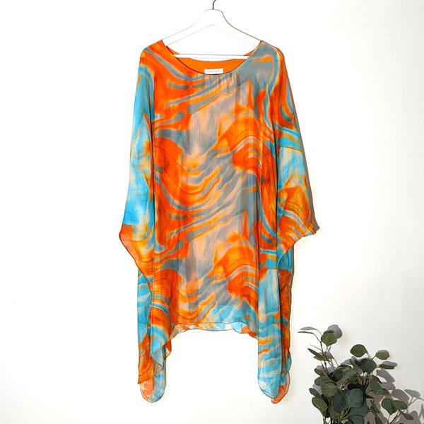 Dreamy swirl style digital print 100 % silk long line tunic with elasticated cuffs (X-XL)