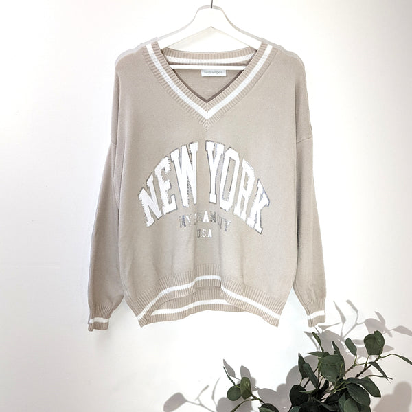V neck sports style jumper with New York and silver hot print