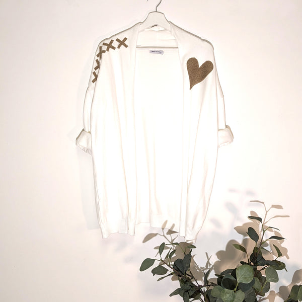Fine knit open cardi with heart and cross motif