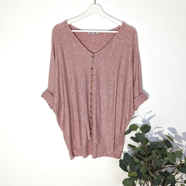 Cosy slight hi-lo marl effect top with coco wooden button detail (M-L)