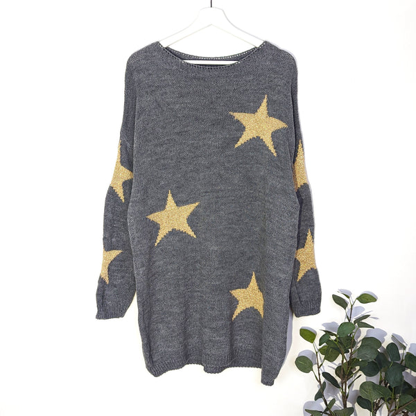 Long line jumper/dress with multi golden star motif (M-L)