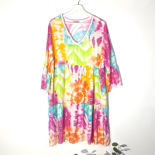 Colourful tie dye print viscose boho dress with ribbed neon edge neckline (M-L)