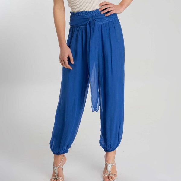 Silk Aladdin trousers with wide elasticated waistband and tie (S-M)