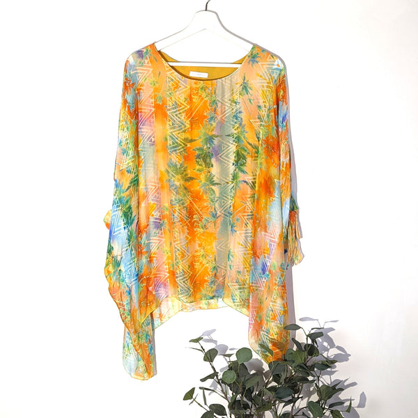 Subtle geometric tropical digital print silk free size top with tie sleeves