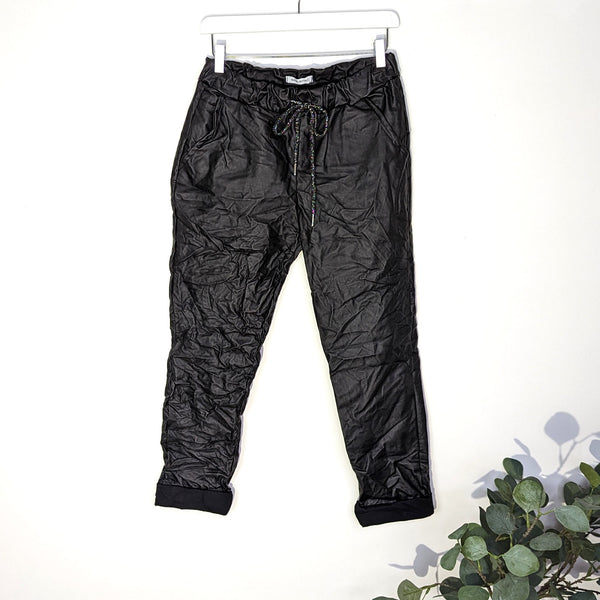 Leather look plain stretch trousers with drawstring waist (L-XL)