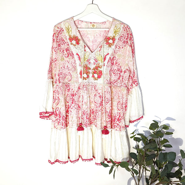 Boho dress with artisan flower with embroidery gold thread and print (S-M)