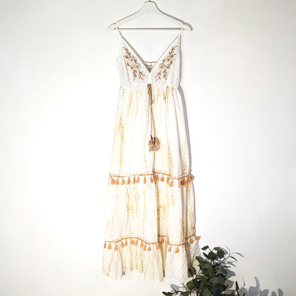 Strappy cotton subtle tie dye dress with artisan flower embroidery on bust and tassel tie