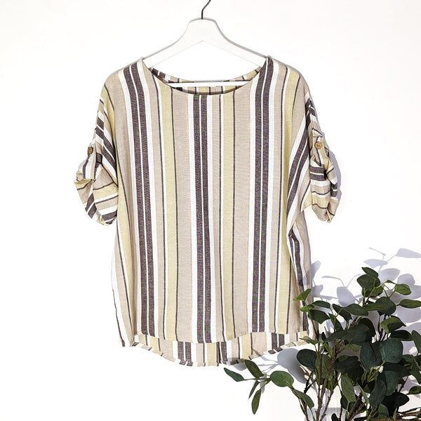 Chunky stripe linen type top with shimmer thread and button back (S-M)
