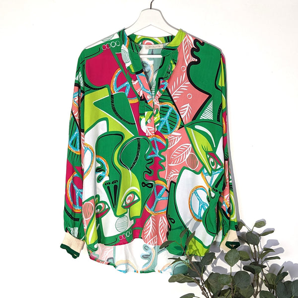 'Picasso' style face print collarless shirt (S-M)