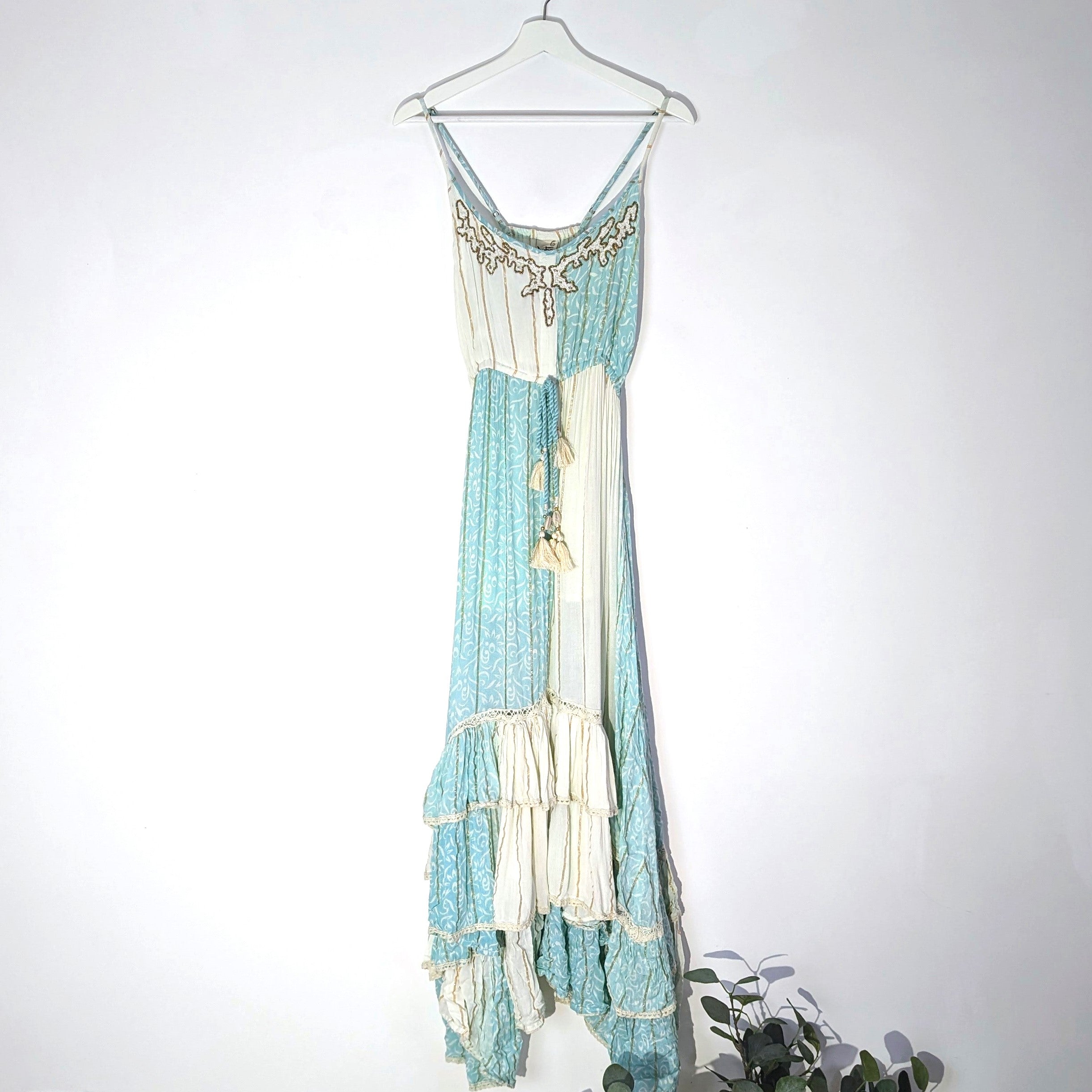 Strappy hi-lo luxury artisan embroidery Summer dress with gold thread ...