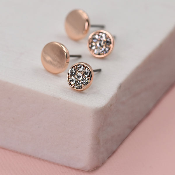 Double disc stud earrings with crystal disc