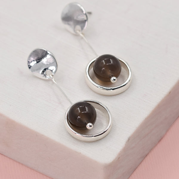 Disc stud earrings with grey agate drop