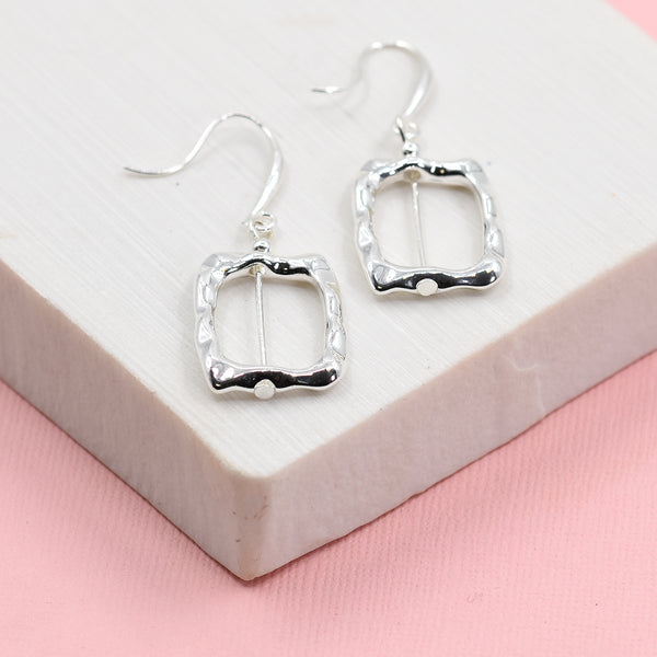 Big soft hammered open square on fish hook earrings