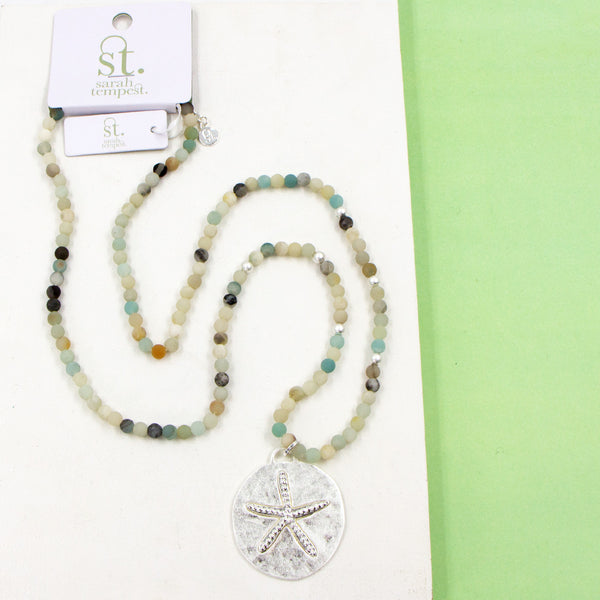 Amazonite long beaded necklace with starfish imprint pendant