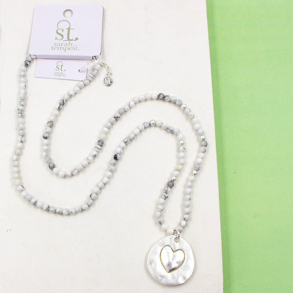 Howlite long beaded necklace with heart impression pendant