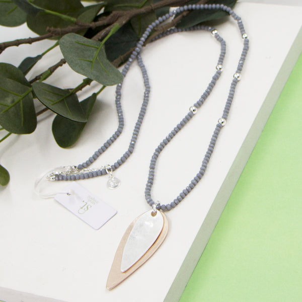 Grey suede long necklace with agate beads and elongated oval shape pendant