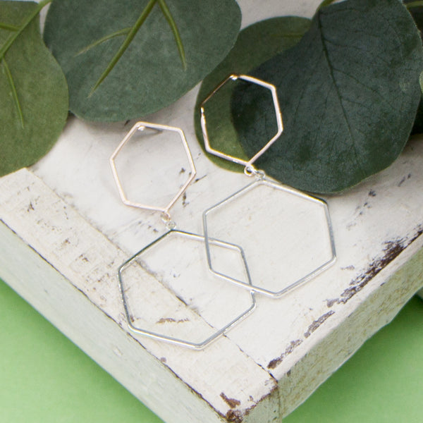 Double hexagon shape drop earrings