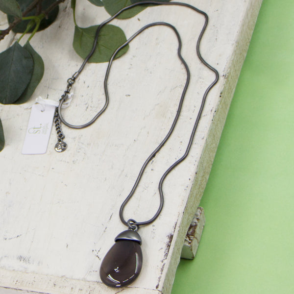 Grey agate pendant on long snake chain necklace