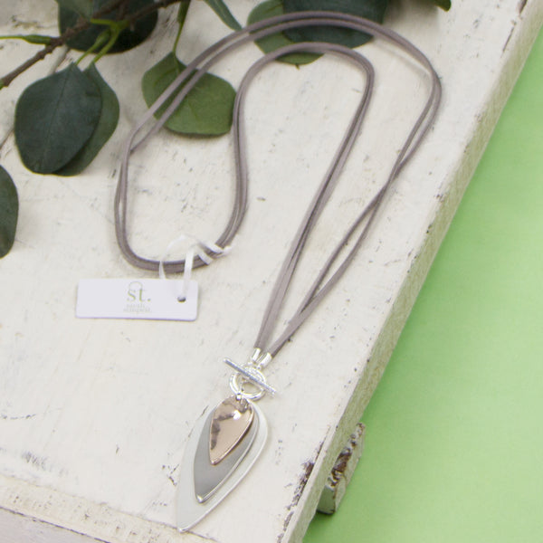 Long grey suede necklace with mixed tone pendants