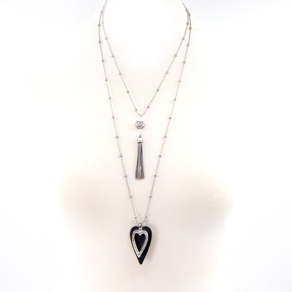 Double layer ball chain necklace with heart and tassel pendant
