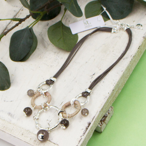 Multi pendants with grey agate beads on short taupe leather statement necklace