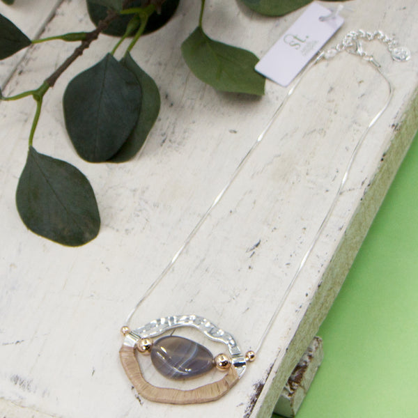 Open organic shape with grey agate centre on short snake chain necklace