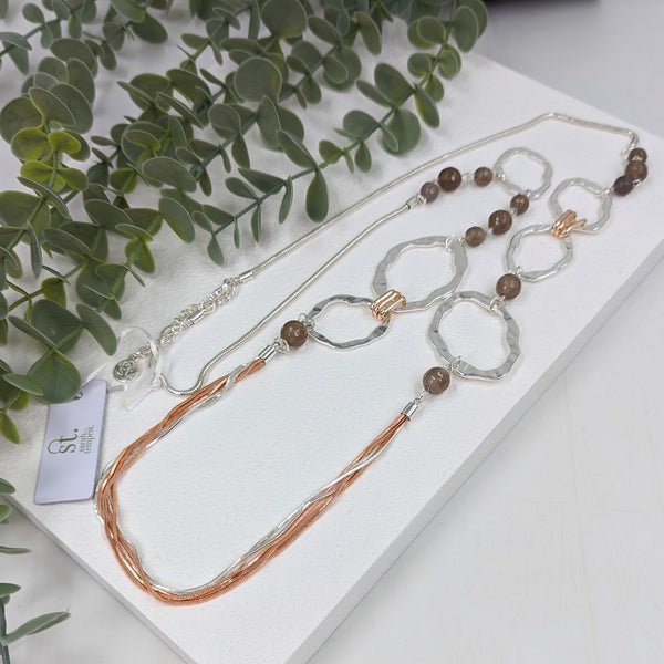 Soft hammered organic shapes necklace with agate beads and chains