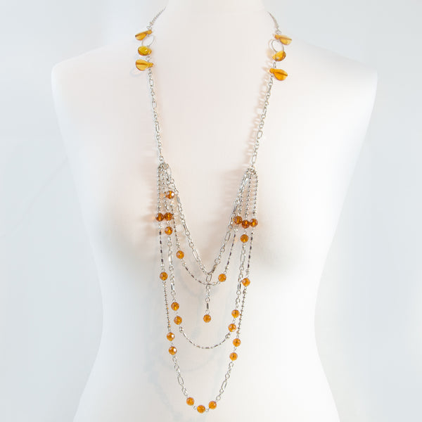 Long multi strand chain & bead necklace