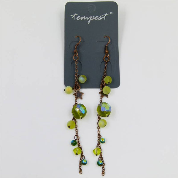 Long drop earrings with iridescent beads and star detail