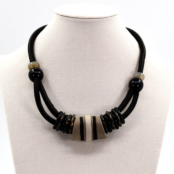 Short soft leather statement necklace with central multi leather feature