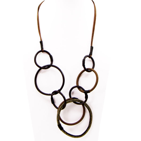 Varied textural leather and PU hoops long necklace