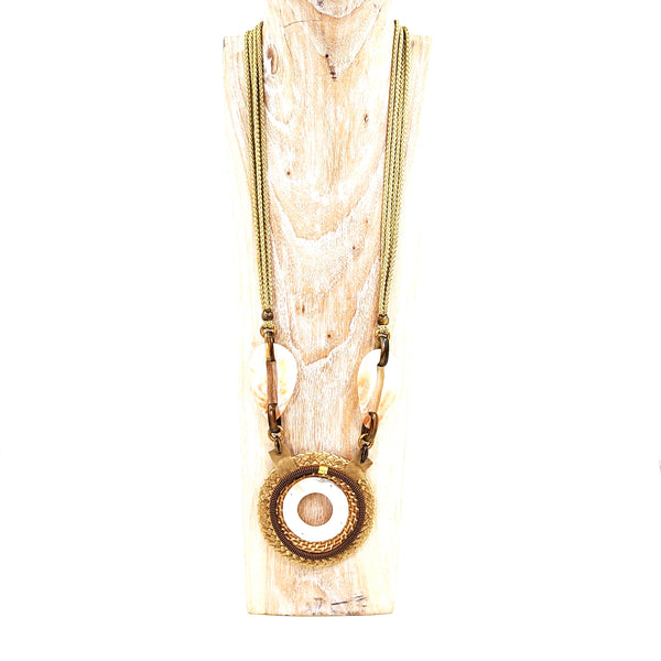 Luxury long cord necklace with woven disc and shell component