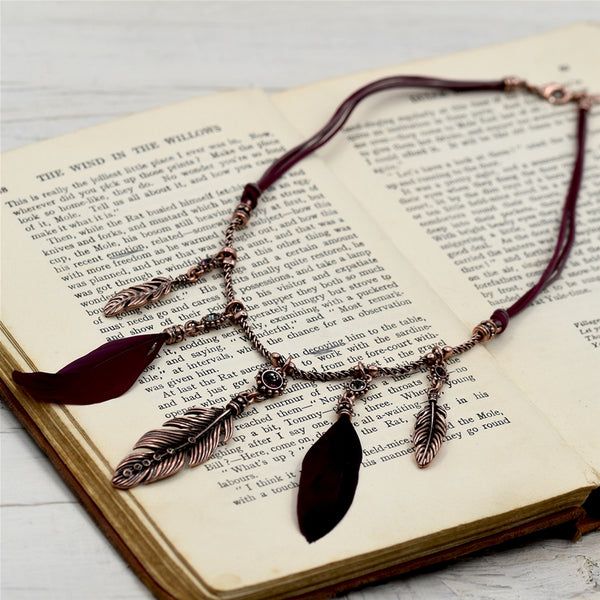 Delicate mixed feathers & crystals on short necklace chain