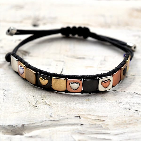 Friendship style bracelet with squares & contrasting hearts