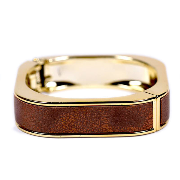 Rounded square bangle with PU leather metallic inlay