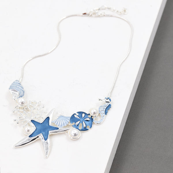 Starfish and coral design short necklace with enamel and pearls