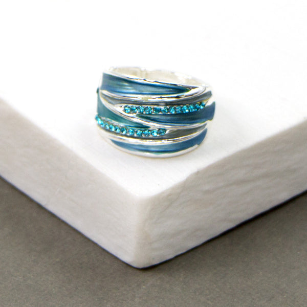 Blue tones contemporary stretchy enamel ring