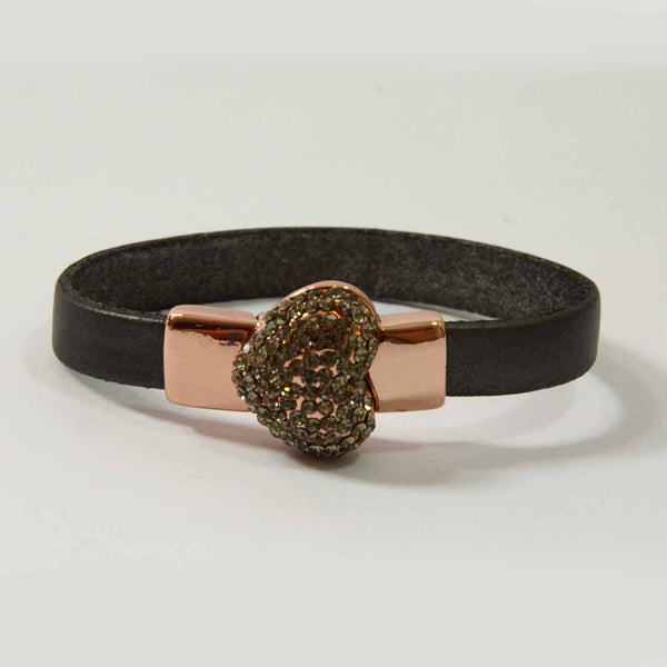 Leather strap bracelet with diamante magnetic heart clasp