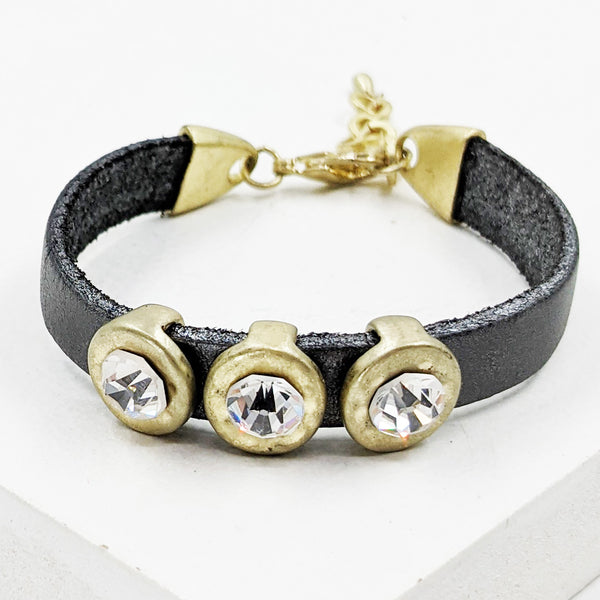 Silver grey leather bracelet with 3 large crystal stones
